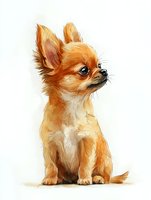 Watercolor style long-haired Chihuahua puppy with ginger fur sitting on white isolated background, looking up with alert expression. Ready for design use.