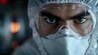 Medical professional wearing protective goggles, face mask and hazmat suit looking directly at camera with intense blue eyes against dark background with bokeh lights.