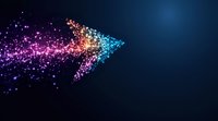 Glowing arrow made of colorful particles transforming from purple to orange and blue on dark background, digital art concept showing direction and progress.