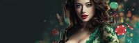 Young woman with wavy brown hair wearing green sequin dress against dark background with casino chips and bokeh lights. Perfect for gambling themes.