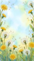 Watercolor dandelion border with yellow blooms and fluffy seed heads floating on a soft blue-green background, perfect for spring cards and posters.