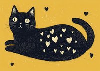Black cat with white heart pattern on fur lying against yellow background in folk art style. Cute decorative illustration for greeting cards and children decor.