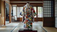 Colorful patchwork kimono displayed on mannequin in traditional Japanese room with tatami flooring and sliding doors, showcasing vibrant geometric patterns.