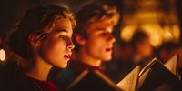Young woman and man singing Christmas carols by candlelight during festive holiday celebration with warm golden glow creating magical atmosphere for seasonal traditions.
