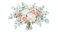 Watercolor wedding bouquet with blush pink roses, white peonies, and eucalyptus greenery, isolated on white background for design use.
