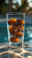 Fresh dates soaking in clear glass of water with sunlight creating golden reflections on blue background, natural food preparation concept for Ramadan.
