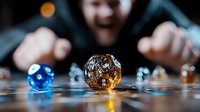 Glowing fantasy gaming dice with intricate metallic patterns on wooden table surface, dramatic lighting creates mysterious atmosphere for tabletop role-playing games.