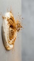 Wooden spoon filled with cocoa powder creating dynamic splash effect on neutral background for culinary and baking projects.