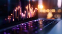 Laptop keyboard with financial chart and glowing data visualization in dark environment with bokeh lights for business analytics.