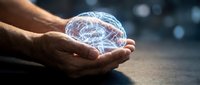 Hands gently holding glowing transparent brain with neural networks. Concept of mental health, neuroscience, artificial intelligence and cognitive science.