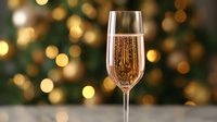 Elegant champagne flute with golden bubbles against festive bokeh background, creating luxurious holiday atmosphere for celebrations.