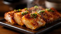 Glazed salmon nigiri sushi pieces garnished with fresh chopped herbs and teriyaki sauce on black plate, close up view showing texture and shine of caramelized glaze.
