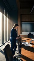 Professional businesswoman in dark suit working at modern conference table in corporate boardroom with natural sunlight streaming through windows.