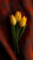Fresh yellow tulips with green stems arranged on dark textured red background creating dramatic contrast and moody atmosphere for floral design and spring themes.