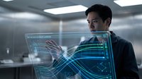 Young Asian male professional analyzing futuristic holographic data visualization interface in modern tech laboratory environment for business analytics.