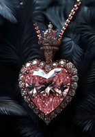 Luxury pink diamond heart pendant necklace with crown and crystals on dark feather background for jewelry design and fashion accessories.