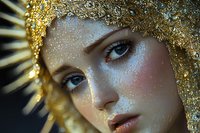 Close up portrait of young woman with gold glitter makeup, metallic headpiece and ethereal fantasy styling against dark background. Creative fashion art concept.