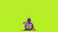 Isolated purple potion bottle with glowing green label and magical sparkles on bright lime background, ready for design projects.