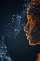 Digital particle faces in profile showing human connection through glowing dots and light effects on dark background for technology concepts.