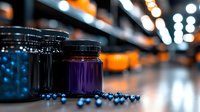 Fresh blueberries scattered around glass jar with purple jam in modern grocery store aisle with warm lighting and shopping baskets in background.