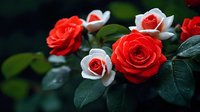 Red and white roses bloom against dark green foliage in garden setting, creating romantic contrast between vibrant petals and deep shadows. For valentines and love themes.