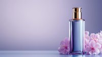 Elegant perfume bottle with delicate pink cherry blossoms against purple background, luxury cosmetic product photography for beauty and fragrance advertising.