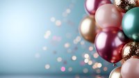 Colorful party balloons in pink gold and teal with sparkling bokeh lights creating festive celebration atmosphere for birthday wedding or holiday events.