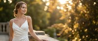 Young Caucasian woman in elegant white dress sitting outdoors during golden hour sunset with warm bokeh lights creating romantic atmosphere for wedding photography.