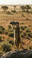 Meerkat standing upright with binoculars on rocky outcrop in African savanna landscape during golden hour sunset light for wildlife photography concepts.