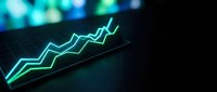 Neon glowing upward trending arrow chart on dark background with bokeh lights, representing financial growth, stock market success, and business analytics data visualization.