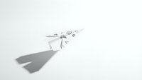 White paper airplane with scattered paper pieces on clean background casting shadow, symbolizing flight, freedom, and creative communication concepts.