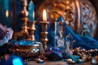 Mystical crystal altar with blue gemstones, ornate jewelry box, burning candles and magical artifacts creating enchanting spiritual atmosphere for meditation.