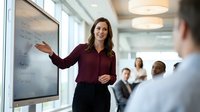Professional businesswoman presenting financial data on whiteboard to corporate team in modern conference room during strategic meeting.