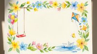 Watercolor floral frame with spring flowers, swing, kite and paper boat creating playful border for children designs and invitations.