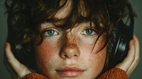 Young freckled boy with curly hair and blue eyes wearing headphones, portrait of child listening to music or audio content for entertainment and education.