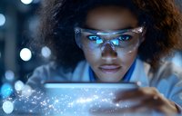 Young African American female scientist in protective eyewear examining glowing digital tablet display in dark laboratory with bokeh light effects and magical sparkles.
