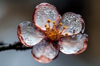 Frozen cherry blossom covered in ice crystals with delicate pink petals and golden stamens captured in extreme macro photography showing intricate frost details.
