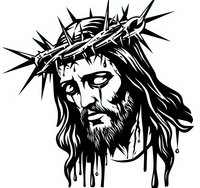 Black and white portrait of Jesus Christ wearing crown of thorns, artistic dripping ink effect style illustration on isolated background for religious designs.