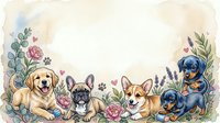 Adorable puppies border with watercolor flowers and leaves creating frame for text space, featuring golden retriever, french bulldog, corgi and dachshund breeds.