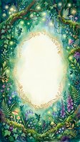 Enchanted forest frame with glowing lights, mushrooms, flowers and ornate golden border. Magical woodland background for fairy tale designs and fantasy projects.