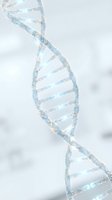 Crystalline DNA double helix structure with glowing blue and silver particles on white background, suitable for medical, scientific research, biotechnology, and healthcare presentations.