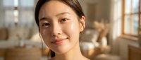 Young Asian woman with natural makeup smiling warmly in bright modern kitchen interior with soft sunlight streaming through windows creating cozy domestic atmosphere.