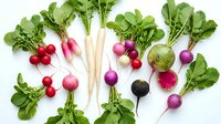 Fresh colorful radishes with green leaves arranged on white background. Organic root vegetables for healthy cooking and farm-to-table cuisine concepts.
