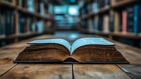 Open vintage book with glowing pages on wooden table in dark library, creating magical atmosphere with blurred bookshelves in background. Soft blue light illuminates aged paper.