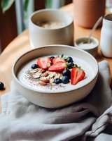 Creamy yogurt bowl topped with fresh strawberries, blueberries, sliced almonds and chocolate powder served in ceramic bowl on grey linen napkin for healthy breakfast.