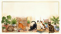 Cozy home interior with multiple cats relaxing among houseplants, books, and decorative items creating warm domestic atmosphere for pet lovers.