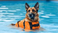 German Shepherd dog wearing orange life jacket swimming in blue pool water, summer pet safety and aquatic training concept for canine activities.