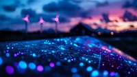 Wind turbines silhouetted against dramatic purple sunset sky with bokeh lights and glowing blue particles creating magical evening atmosphere. Clean energy concept.