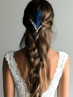 Elegant bridal hairstyle with long braided brown hair adorned with blue feather and crystal hairpiece, wearing white lace wedding dress, back view on gray background.