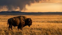 Majestic American bison grazing in golden prairie grassland during dramatic sunset with storm clouds over mountain landscape for wildlife conservation content.